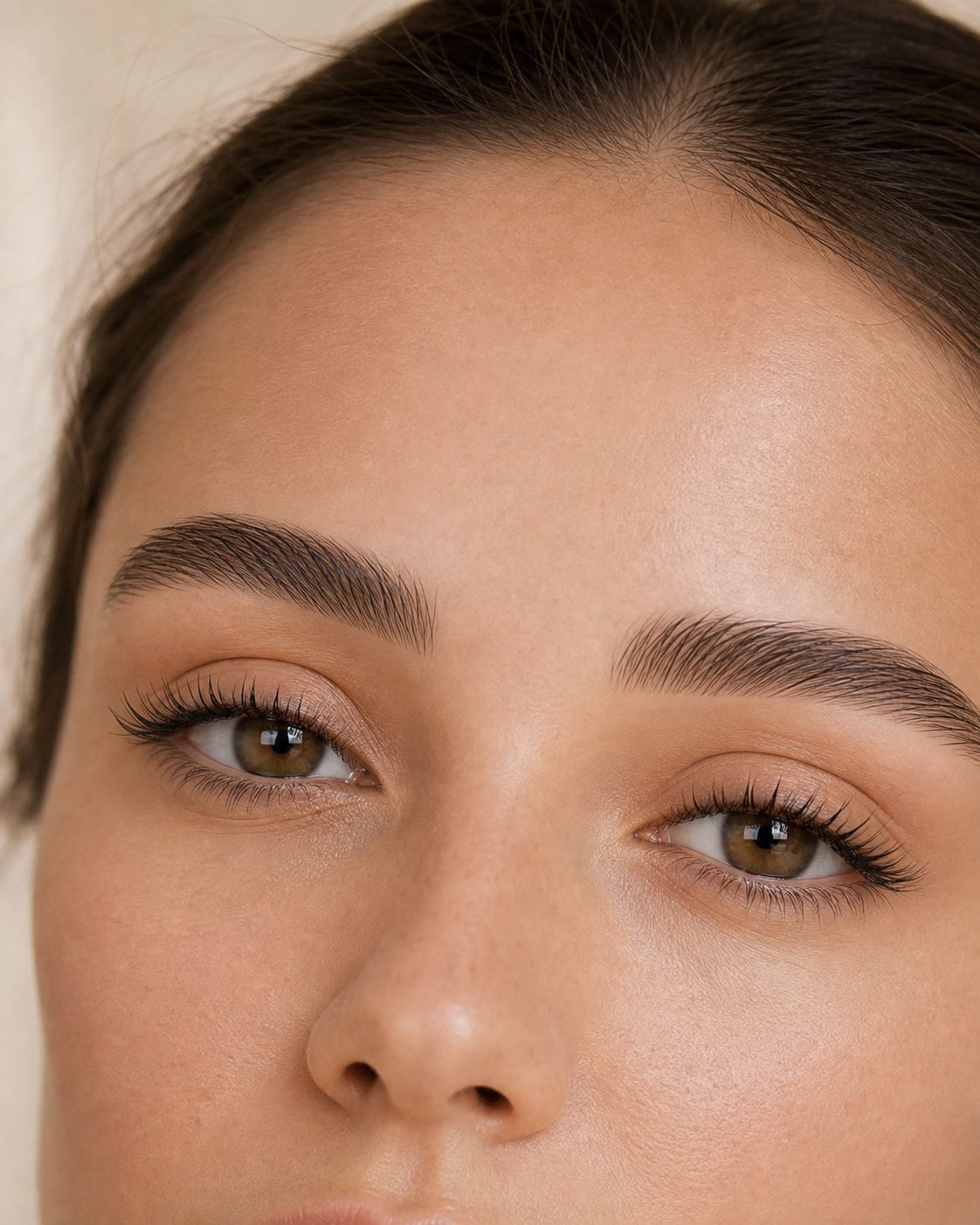 Close-up of softly shaped brows and lifted lashes